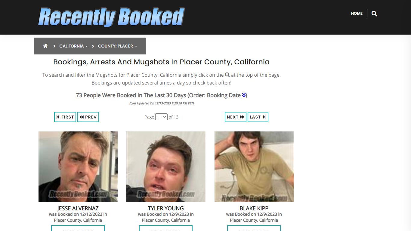 Bookings, Arrests and Mugshots in Placer County, California